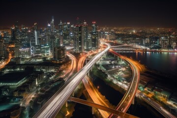 Aerial view of a city at night, long exposure, light trails, AI generated