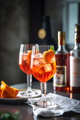 Aperol Spritz aperitif with ice and orange in glass on a concrete background. Summer refreshing drink concept. Aperitif on a dark background. Generated AI