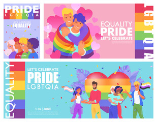 Diverse people celebrate PRIDE supporting human rights and equality for LGBTQIA. Set of template and banner for festival, parades, party, and social event.