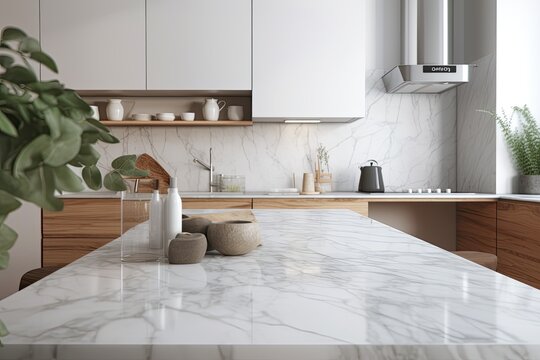 Close up of a marble table top in a white modern kitchen with built in cabinets and a counter. Interior of a showcase cooking room mockup. Generative AI