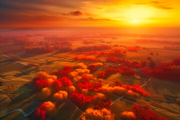 The striking colors of sunset and sunrise over a summer landscape are a sight to behold from above