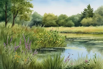 Fotobehang Peaceful pond surrounded by tall grasses and blooming flowers. Watercolor Painting. Generative AI © Kanisorn