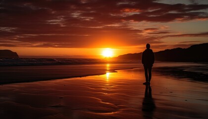 Fototapeta premium Photo of a sunset silhouette with a person standing on a beach at sunset. Generative AI