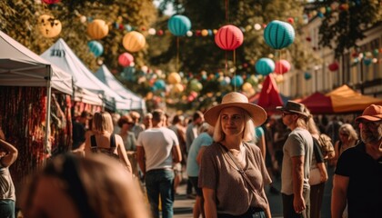 Obraz premium Someone enjoying a summer festival with crowds of people and colorful decorations. Generative AI