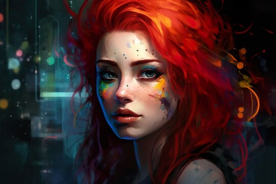 Futuristic painting of a red-haired woman in cyberpunk style