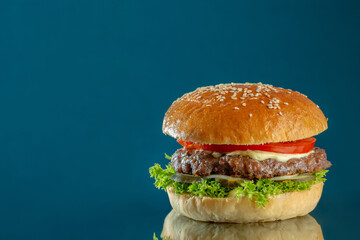 beautiful and tasty burger and french fries on a blue clean background