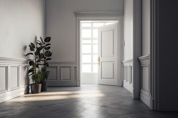 Traditional gray backdrop with copy space and a white glass door opening, welcome home concept. Generative AI