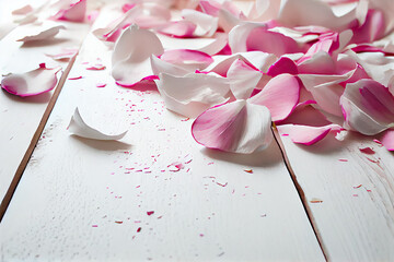 Delicate rose petals on a white wooden floor. Generative AI