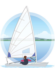 sailing Laser Radial dinghy sailboat with water and sky background in circle