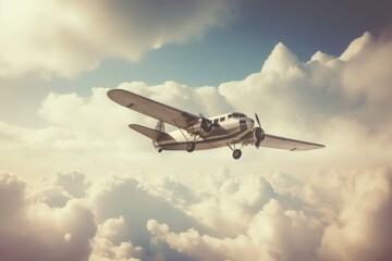 Vintage airplane in the clouds - Illustration created with generative ai