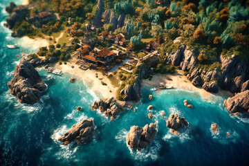 The winding coastline and hidden coves of a summer island are a stunning sight from an aerial perspective