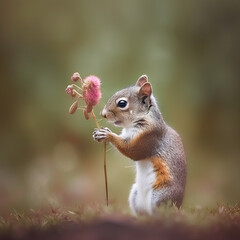 Obraz premium cutest little squirrel holding flower.