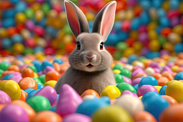 Fototapeta na wymiar Cute adorable funny bunny smiling at camera on colorful endless background with colorful easter eggs.