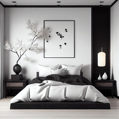 high resolution photography interior design, dreamy japandi room, wooden floor, big windows, minimalist furniture and decoration, black white wooden, Generative AI