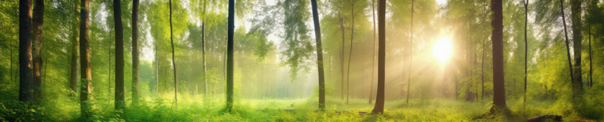 Fototapeta na wymiar Beautiful green woods or forest with sunlight background. Extra wide format. Generative AI.