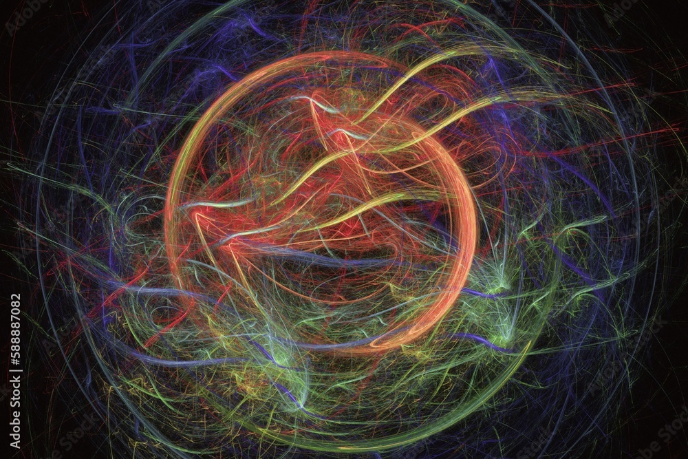 Aufkleber orange multi-colored round pattern of crooked waves on a black background. abstract fractal 3d rende