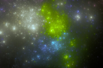 Green blue gray stardust clouds in black space. Abstract fractal 3D rendering