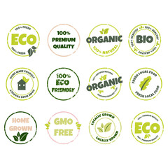 Set of eco, bio, organic and natural products sticker, logo, label, badge, icon. Vector illustration of textured grunge circle stamp, healthy food symbol, design element