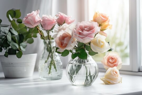 glass vase with pink and white roses on a white wooden shelf. Generative AI