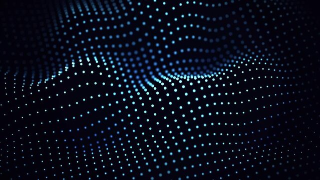 Big data abstract concept: digital wave of glowing particles in motion. Digital audio equalizer, energy flow visualization. Abstract 3D blue sound waves or futuristic wavy surface, dark background
