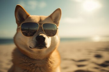 Shiba Inu dog wearing sunglasses on the beach. ai generative
