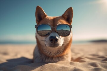 Shiba Inu dog wearing sunglasses on the beach. ai generative