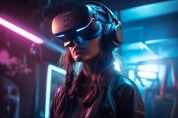 Girl in virtual reality glasses. neon light. metaverse. virtual world.