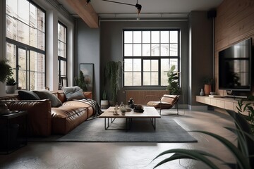Modern interior design in the house, spacious living room design, generative ai	
