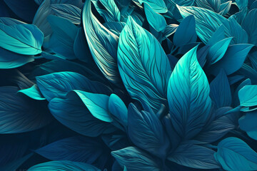 A bold and graphic pattern of abstract leaves and petals in bold shades of blue and green