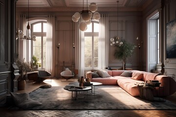 Fototapeta premium Interior design of the living room in an expensive style, stylish interior of the room. generative ai 
