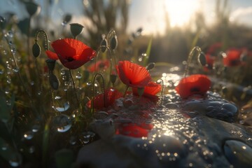a red poppy blooming on a flower field. generative ai