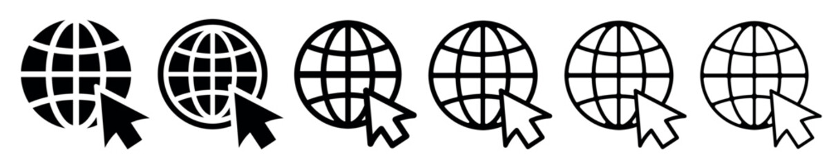 Set of web icons, click to go to website. Globe with arrow. Vector illustration.