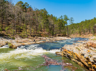 Sunny view of the landscape of Friends Trail Loop Trail in Beavers Bend State Park
