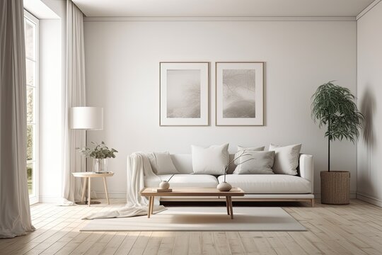 View from the corner of a light colored living room that features a sofa, coffee table, an empty white poster, and a wooden parquet floor. minimalist design principle. Room for original thought. a moc