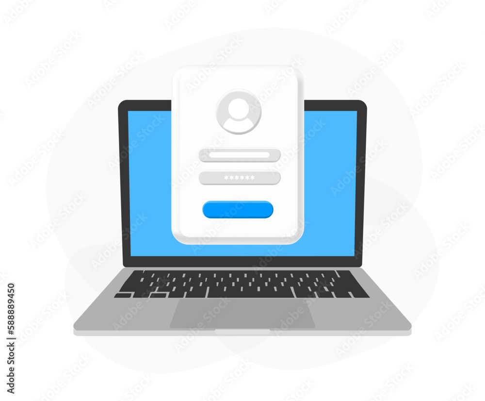 Aufkleber login form on laptop screen with login and password page. username and password fields. online regis