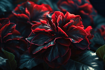 A bold and dramatic design with oversized black leaves and striking red flowers