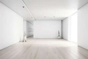 Fototapeta na wymiar Modern minimalist scandinavian interior with a big empty wall - mockup design. Illustration. Generative AI