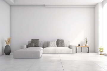 Modern minimalist scandinavian interior with a big empty wall - mockup design. Illustration. Generative AI