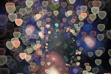 Multicolored pattern of small hearts on a black background. Abstract fractal 3D rendering