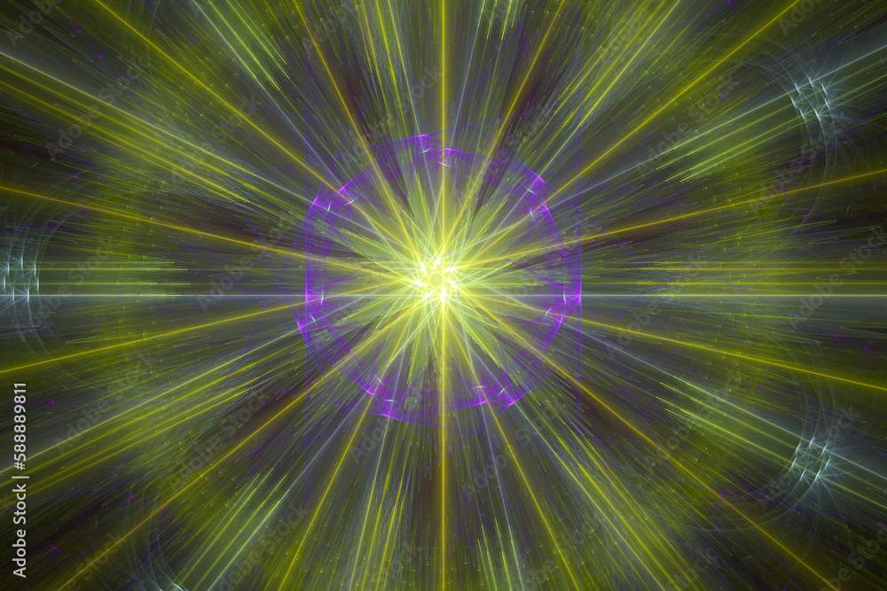 Poster green round pattern of crooked rays from the center on a black background. abstract fractal 3d rende