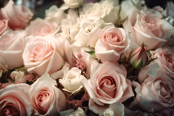 A romantic and dreamy background of soft pink roses and delicate white flowers
