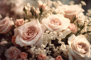 A romantic and dreamy background of soft pink roses and delicate white flowers