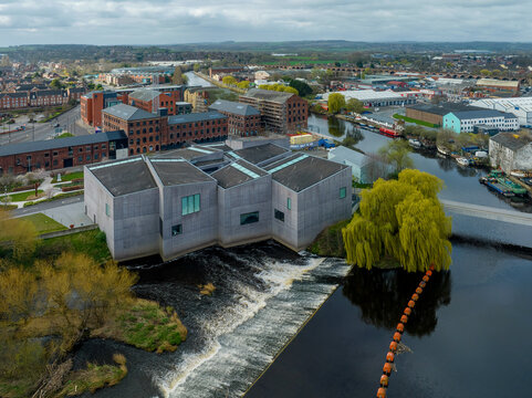 Wakefield, West Yorkshire, England, April 2nd 2023. Wakefield City Centre West Yorkshire. City of Wakefield showing the Hepworth Gallery, River Calder and Chantry Bridge Aerial View