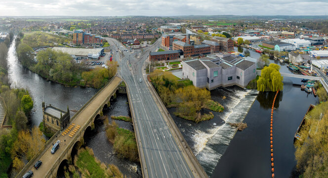 Wakefield, West Yorkshire, England, April 2nd 2023. Wakefield City Centre West Yorkshire. City of Wakefield showing the Hepworth Gallery, River Calder and Chantry Bridge Aerial View