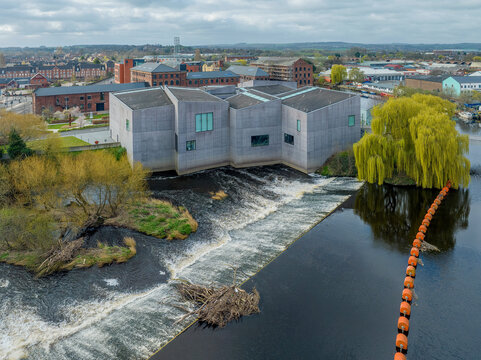 Wakefield, West Yorkshire, England, April 2nd 2023. Wakefield City Centre West Yorkshire. City of Wakefield showing the Hepworth Gallery, River Calder and Chantry Bridge Aerial View