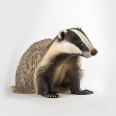 Badger, wild predator isolated on white close-up, interesting animal, ai generative