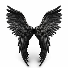 Black bird wings with feathers isolated on white close-up, for tattoo, design element, ai generative