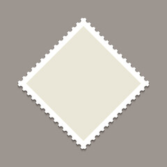 Rhombus postage perforated label. Empty mail stamp. White paper postmark for envelope letter. Post stamp. Postal frame. Blank border isolated on gray background. Vector illustration.