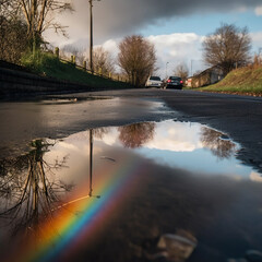 reflection of the rainbow and clouds in a puddle after the rain, beautiful spring background, unusual wallpaper, ai generative