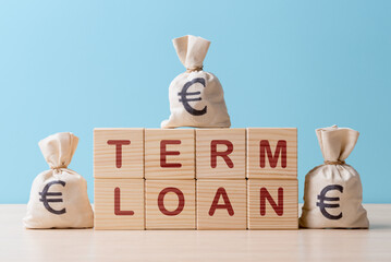 Moneybags with Euro symbols on wooden blocks with words Term Loan. Financial planning, budgeting,...
